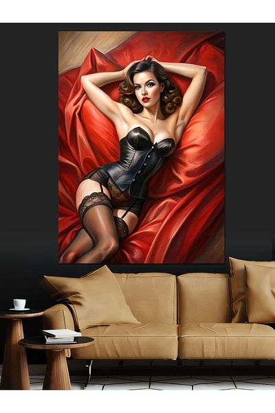 Tablomega Red Curtain and Woman Decorative Canvas - Mdf Wooden Table