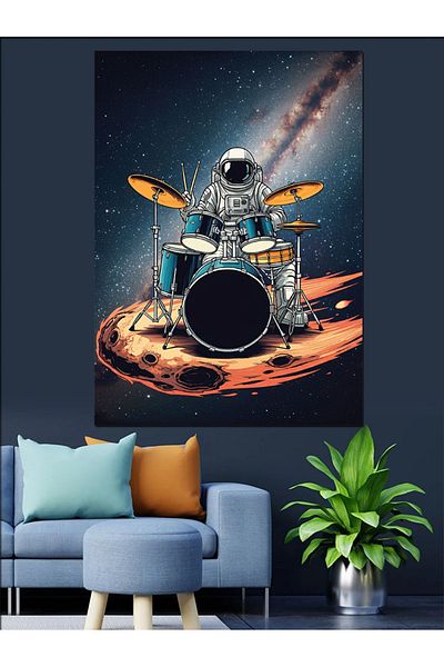 Tablomega Moon Drum and Astronaut Decorative Canvas - Mdf Wooden Painting