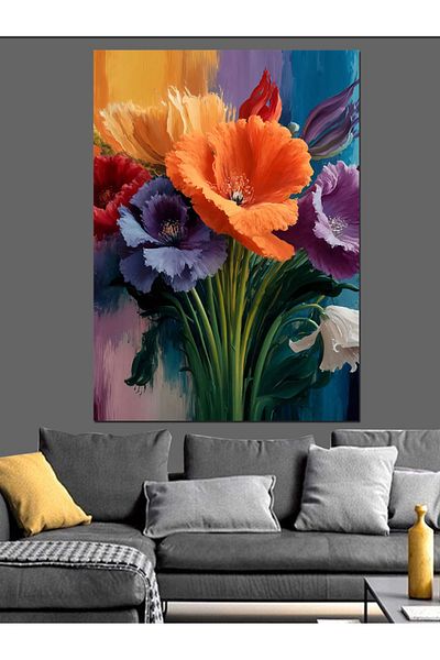 Tablomega Colorful Flowers Decorative Canvas - Mdf Wooden Painting
