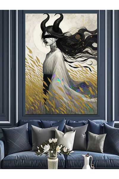 Tablomega Woman with Horns Decorative Canvas - Mdf Wooden Painting
