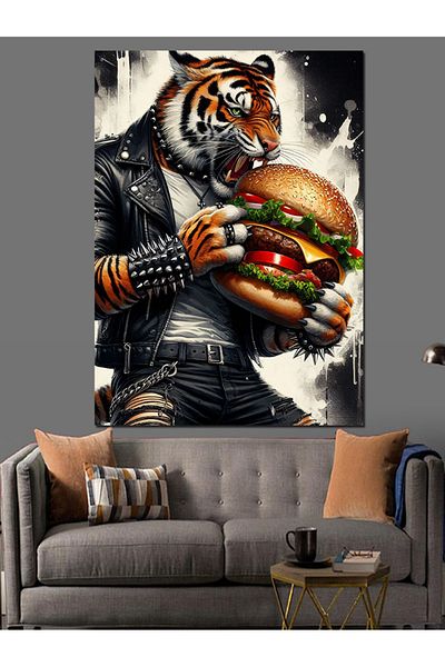 Tablomega Canvas Decorativ Tigru care ține un burger - Lemn MDF