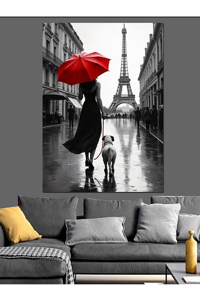 Tablomega Woman with Red Umbrella in Paris Decorative Canvas - Mdf Wooden Painting