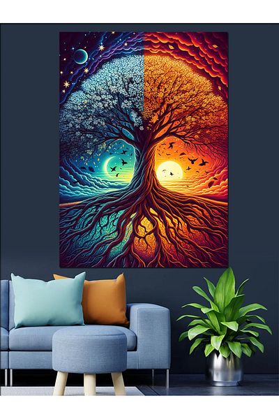 Tablomega Day and Night Tree Decorative Canvas - Mdf Wooden Painting