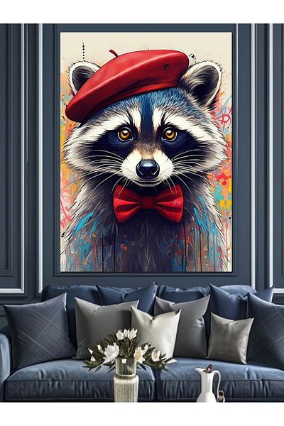 Tablomega Beret Raccoon Decorative Canvas - Mdf Wooden Table