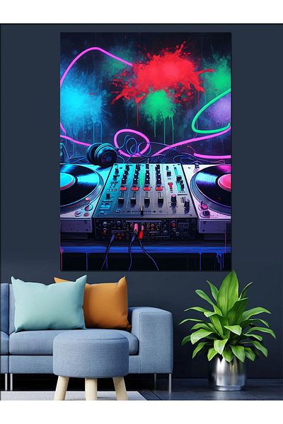 Tablomega Neon Dj Set Decorative Canvas - Mdf Wooden Table