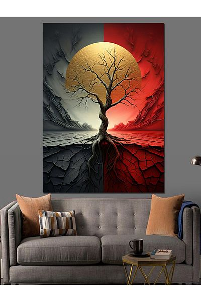 Tablomega Tree and Red Sun Decorative Canvas - Mdf Wooden Painting