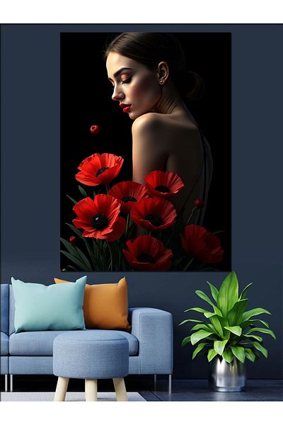 Tablomega Red Flowers Decorative Canvas - Mdf Wooden Painting