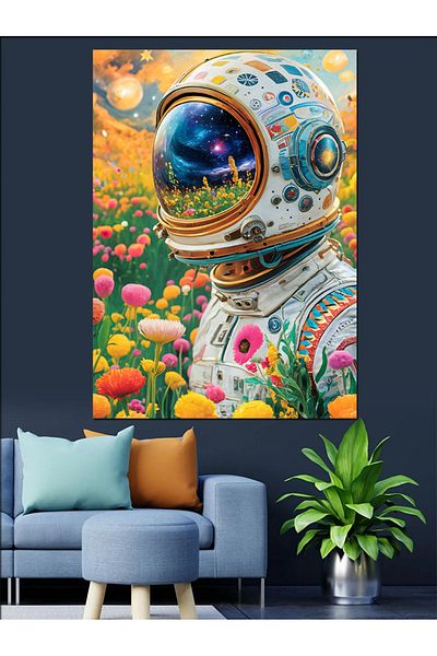 Tablomega Astronaut Decorative Canvas with Flowers - Mdf Wooden Painting