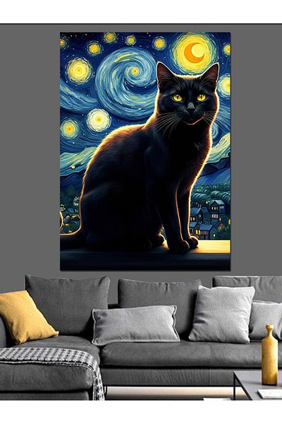Tablomega Starry Night Cat Decorative Canvas - Mdf Wooden Painting