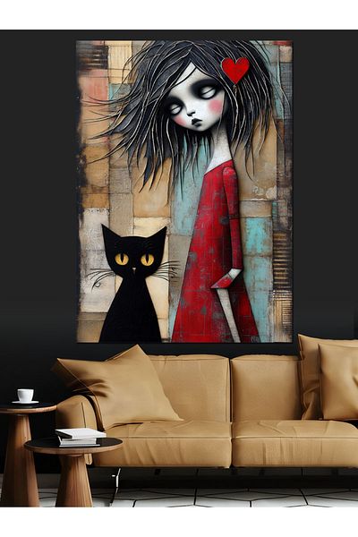 Tablomega Gothic Girl and Cat Decorative Canvas - Mdf Wooden Painting