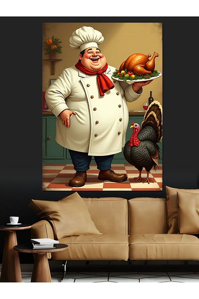 Tablomega Chef and Turkey Decorative Canvas - Mdf Wooden Painting