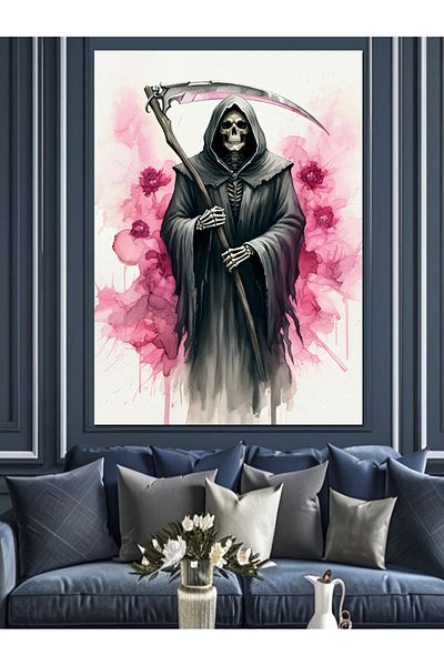 Tablomega Pink Floral Death Figure Decorative Canvas - Mdf Wooden Painting