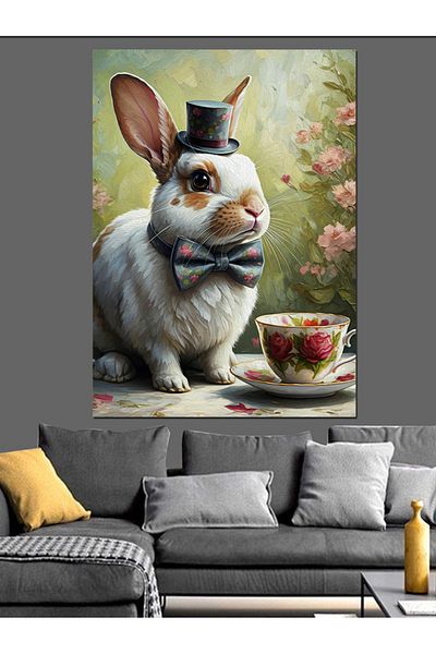 Tablomega Rabbit Drinking Tea Decorative Canvas - Mdf Wooden Painting