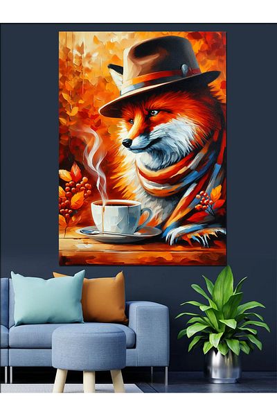 Tablomega Fox in Hat and Coffee Decorative Canvas - Mdf Wooden Painting