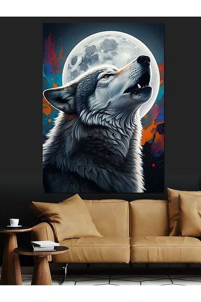 Tablomega Howling Wolf in Moonlight Decorative Canvas - Mdf Wooden Painting