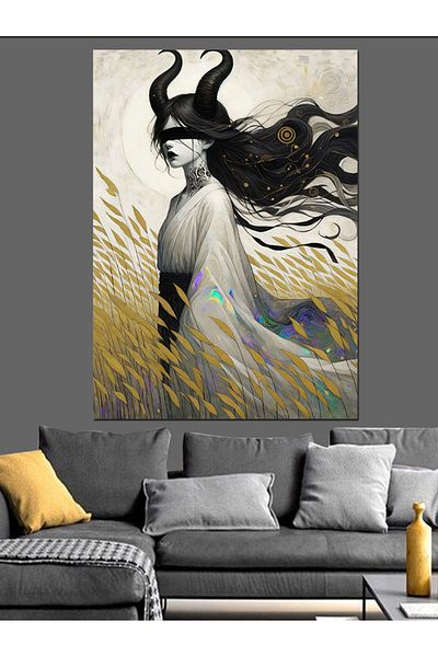 Tablomega Woman with Horns Decorative Canvas - Mdf Wooden Painting
