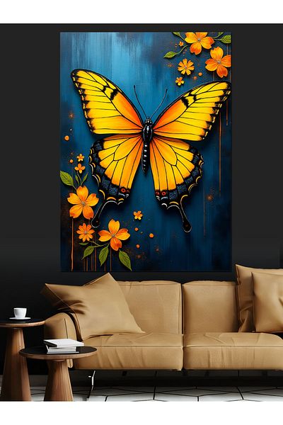 Tablomega Yellow Butterfly and Flowers Decorative Canvas - Mdf Wooden Painting