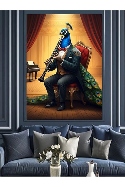 Tablomega Clarinet Playing Peacock Decorative Canvas - Mdf Wooden Painting