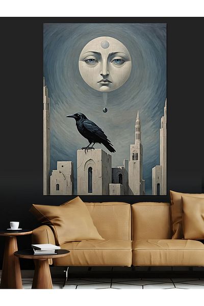 Tablomega Sun and Crow in the Building Decorative Canvas - Mdf Wooden Painting