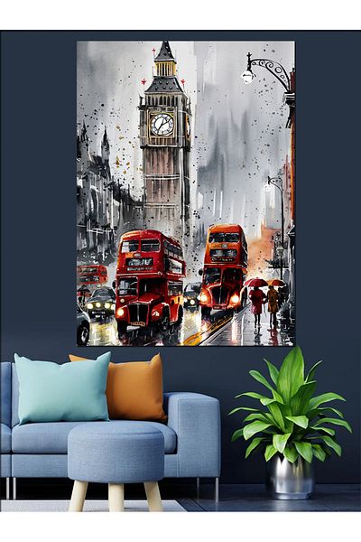 Tablomega Big Ben and Red Buses Decorative Canvas - Mdf Wooden Painting