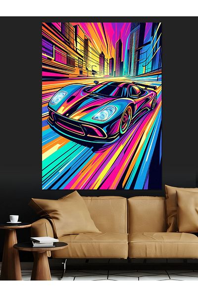 Tablomega Neon Colored Race Car Decorative Canvas - Mdf Wooden Table