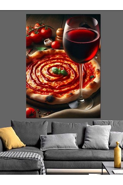 Tablomega Pizza and Wine Decorative Canvas - Mdf Wooden Table
