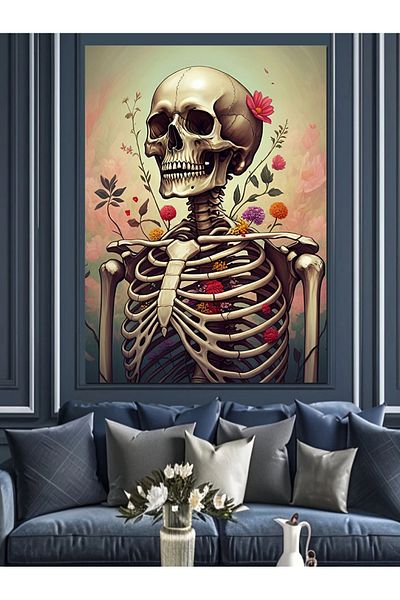 Tablomega Skeleton Decorative Canvas Decorated with Flowers - Mdf Wooden Painting