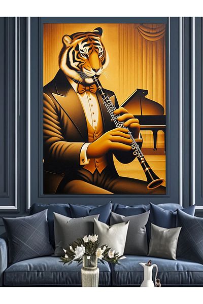 Tablomega Clarinet Playing Tiger Decorative Canvas - Mdf Wooden Painting
