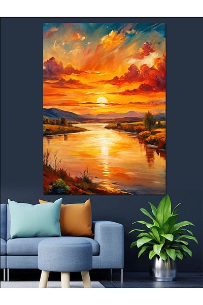 Tablomega Sunset on Lake Landscape Decorative Canvas - Mdf Wooden Painting
