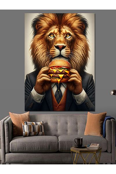 Tablomega Lion Eating Hamburger Decorative Canvas - Mdf Wooden Table