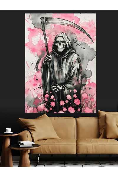 Tablomega Pink Flowers and Grim Reaper Decorative Canvas - Mdf Wooden Painting