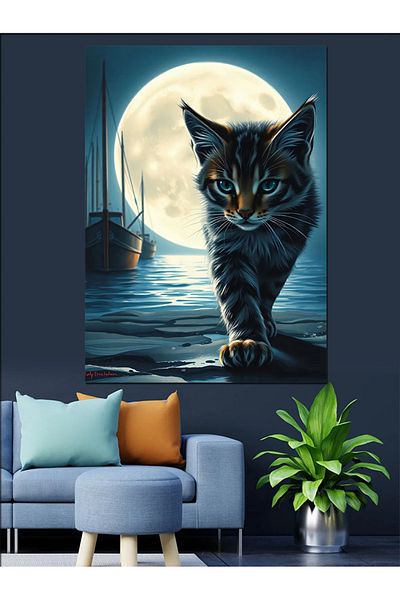 Tablomega Moonlight Cat Decorative Canvas - Mdf Wooden Painting