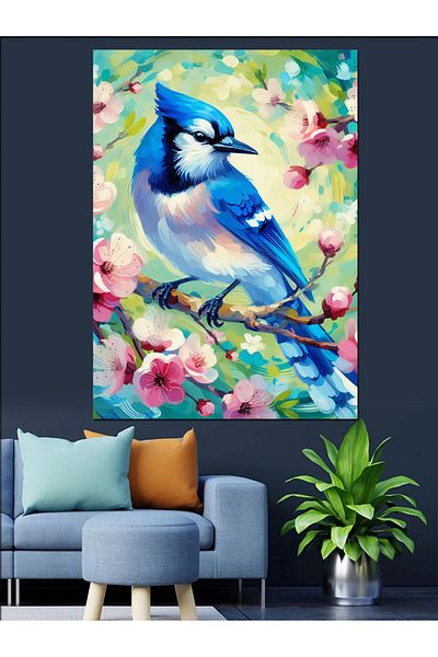 Tablomega Blue Bird among Flowers Decorative Canvas - Mdf Wooden Painting
