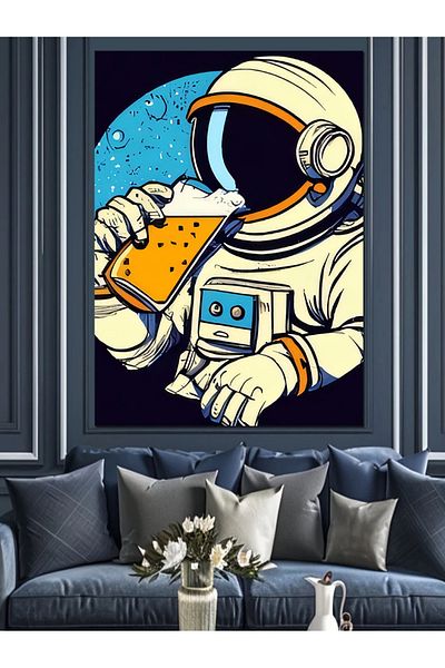 Tablomega Astronaut Eating Pizza Decorative Canvas - Mdf Wooden Table