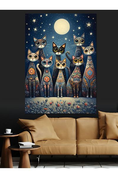 Tablomega Night Cats Decorative Canvas - Mdf Wooden Painting