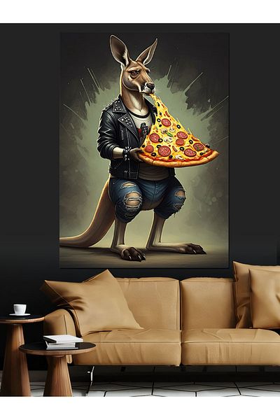 Tablomega Kangaroo Holding Pizza Decorative Canvas - Mdf Wooden Table
