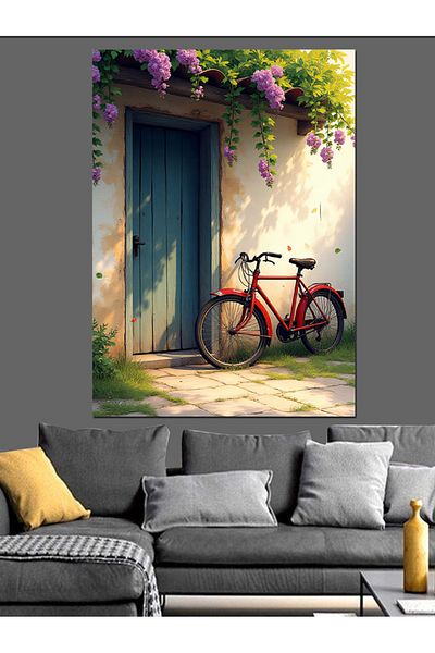 Tablomega Blue Door and Bicycle Decorative Canvas - Mdf Wooden Painting