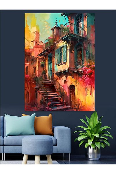 Tablomega Colorful Narrow Street Decorative Canvas - Mdf Wooden Painting