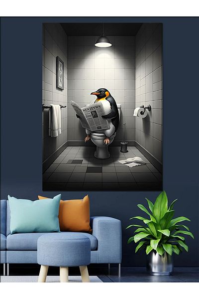 Tablomega Pânză Decorativă Pinguin pe Toaletă - Lemn MDF