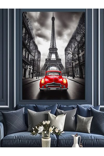 Tablomega Turnul Eiffel și mașină roșie pânză decorativă - pictură din lemn MDF