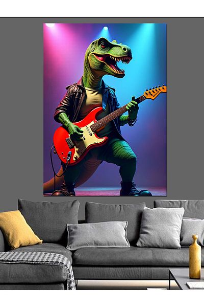 Tablomega Dinosaur Playing Guitar Decorative Canvas - Mdf Wooden Painting