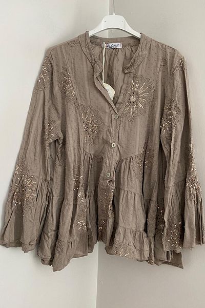 AYASOFYA OTANTIK Women's Italian Mink Chrysanthemum Embroidered Sequin Detailed Long Spanish Sleeve 100% Cotton Shirt Blouse