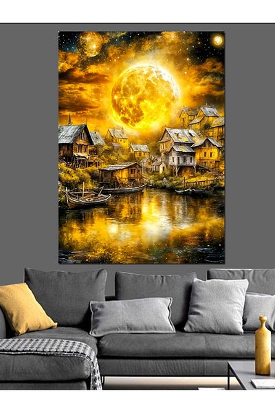 Tablomega Village Landscape in Moonlight Decorative Canvas - Mdf Wooden Painting