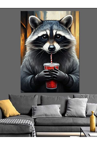 Tablomega Raccoon Drinking Cola Decorative Canvas - Mdf Wooden Painting