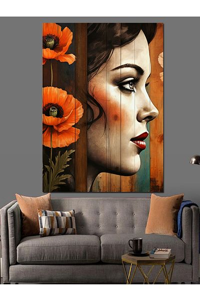 Tablomega Pictură Decorativă Pânză Portret Femeie Floare Floarea Mătici - Lemn MDF