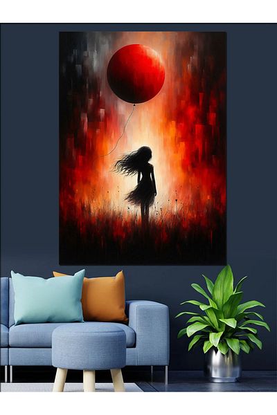 Tablomega Red Moon and Girl Silhouette Decorative Canvas - Mdf Wooden Painting