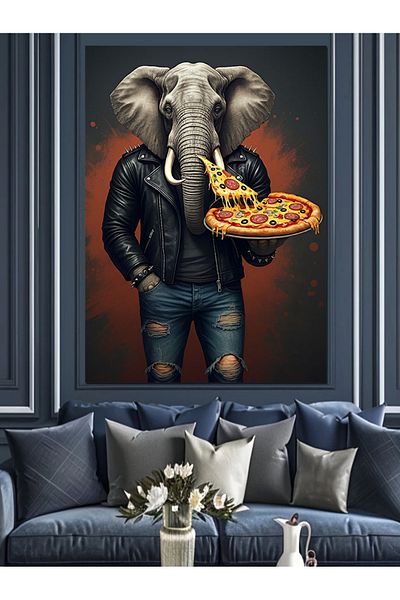 Tablomega Elephant Holding a Pizza Leather Jacket Decorative Canvas - Mdf Wooden Painting