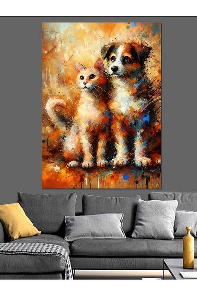 Tablomega Side by Side Cute Dog and Cat Decorative Canvas - Mdf Wooden Painting