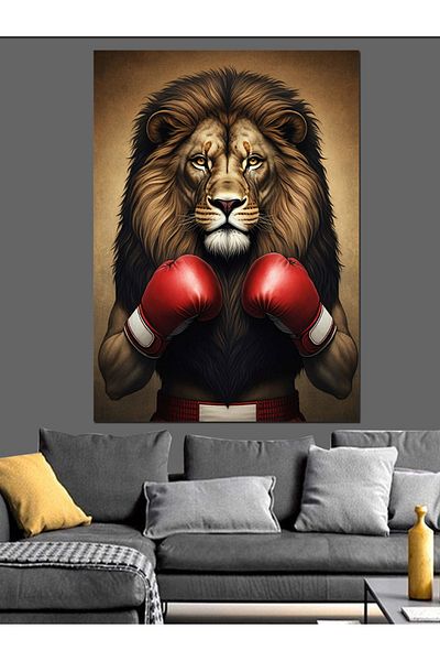 Tablomega Lion with Boxing Gloves Decorative Canvas - Mdf Wood Painting