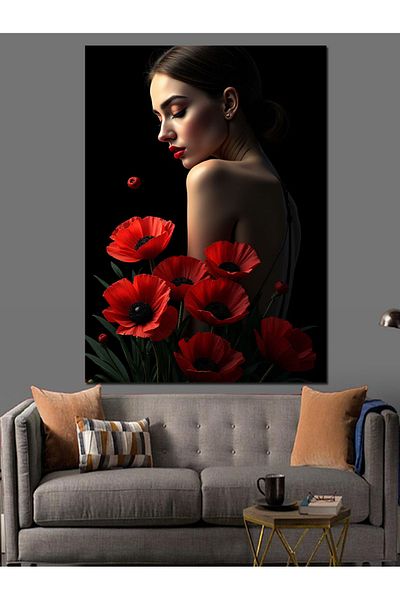 Tablomega Red Flowers Decorative Canvas - Mdf Wooden Painting
